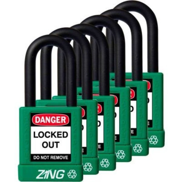 Zing ZING RecycLock Safety Padlock, Keyed Alike, 1-1/2" Shackle, 1-3/4" Body, Green, 6 Pack, 7067 7067